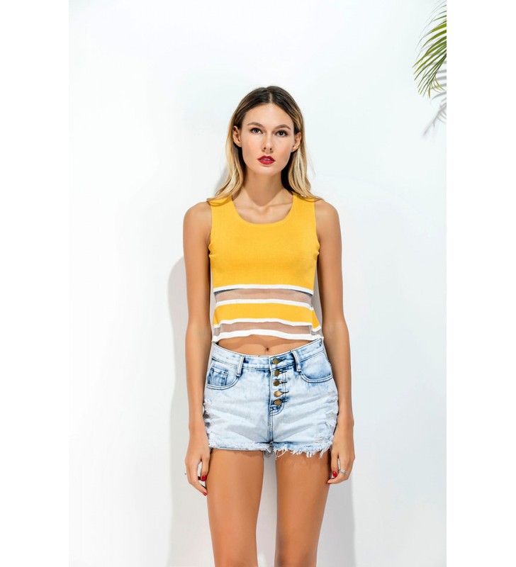Yellow Sheer Striped Crop Tank Top